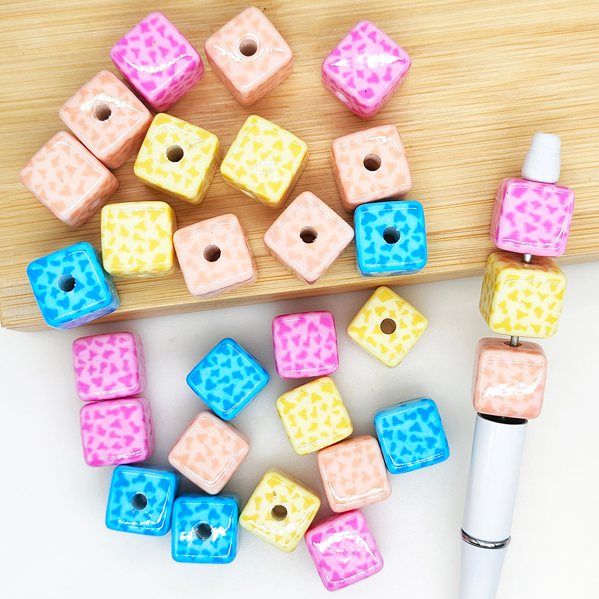 Cube Acrylic Colored Cow Print 15mm Square Beads