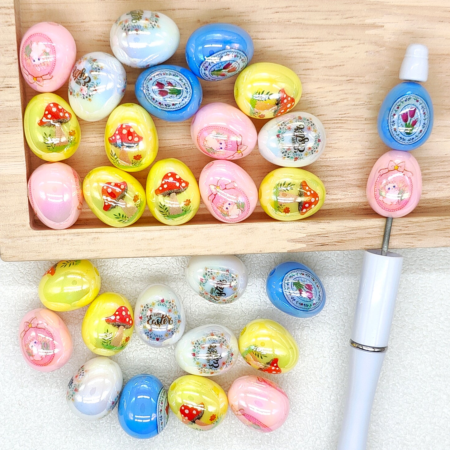 Cute Rabbit Print Egg Acrylic Beads,Resin Beads,Easter Beads