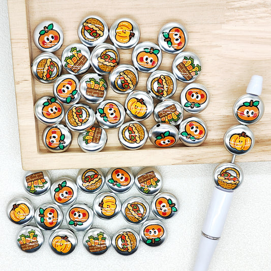 Flat Round Silver Pumpkin Print Acrylic Beads