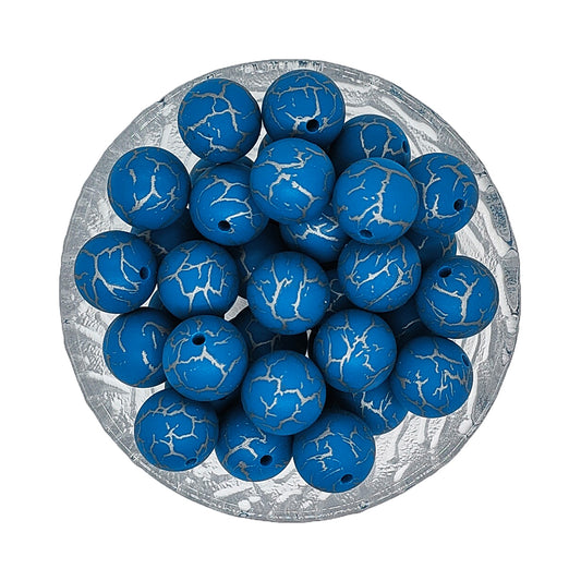 15mm Blue Crack Print Round Silicone Beads