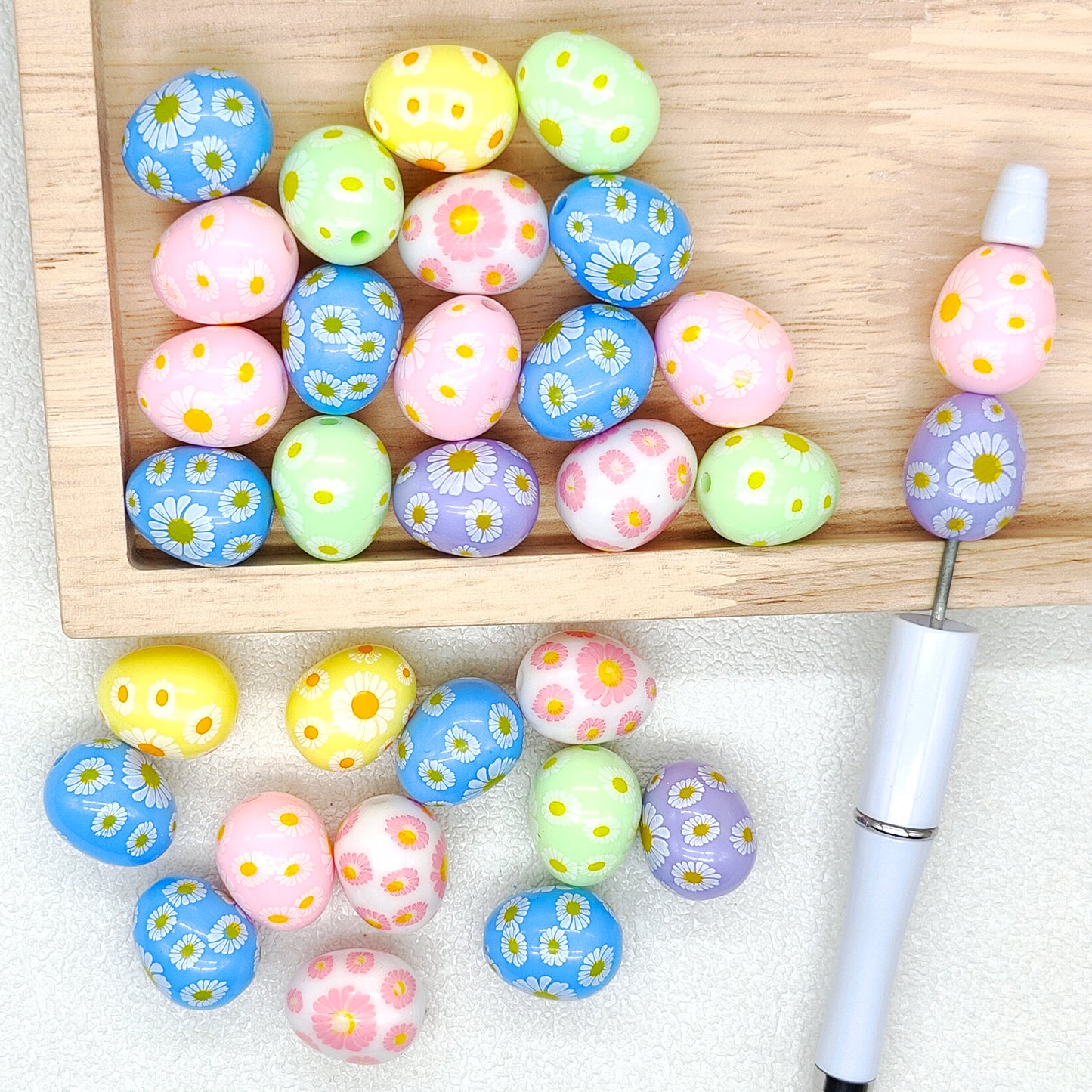 Daisy Flower Print Egg Bubblegum Acrylic Beads,Easter Chunky Beads