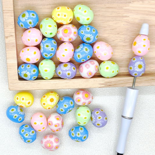Daisy Flower Print Egg Bubblegum Acrylic Beads,Easter Chunky Beads