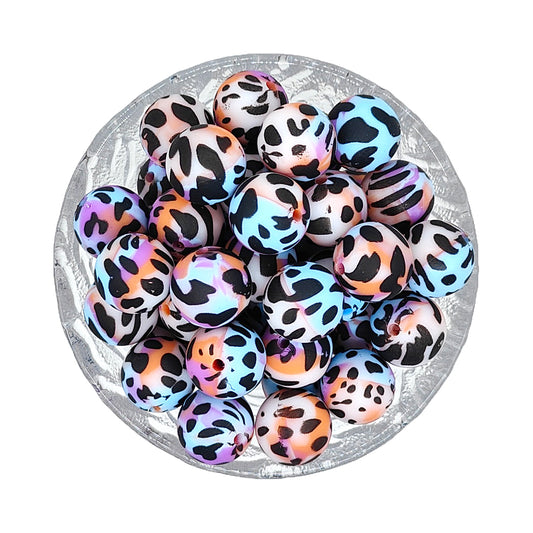 15mm Tie-Dye Cow Print Round Silicone Beads