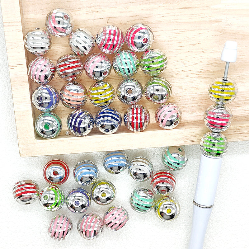 16mm Silver Stripes Print Round Colorful Gumball Acrylic Beads