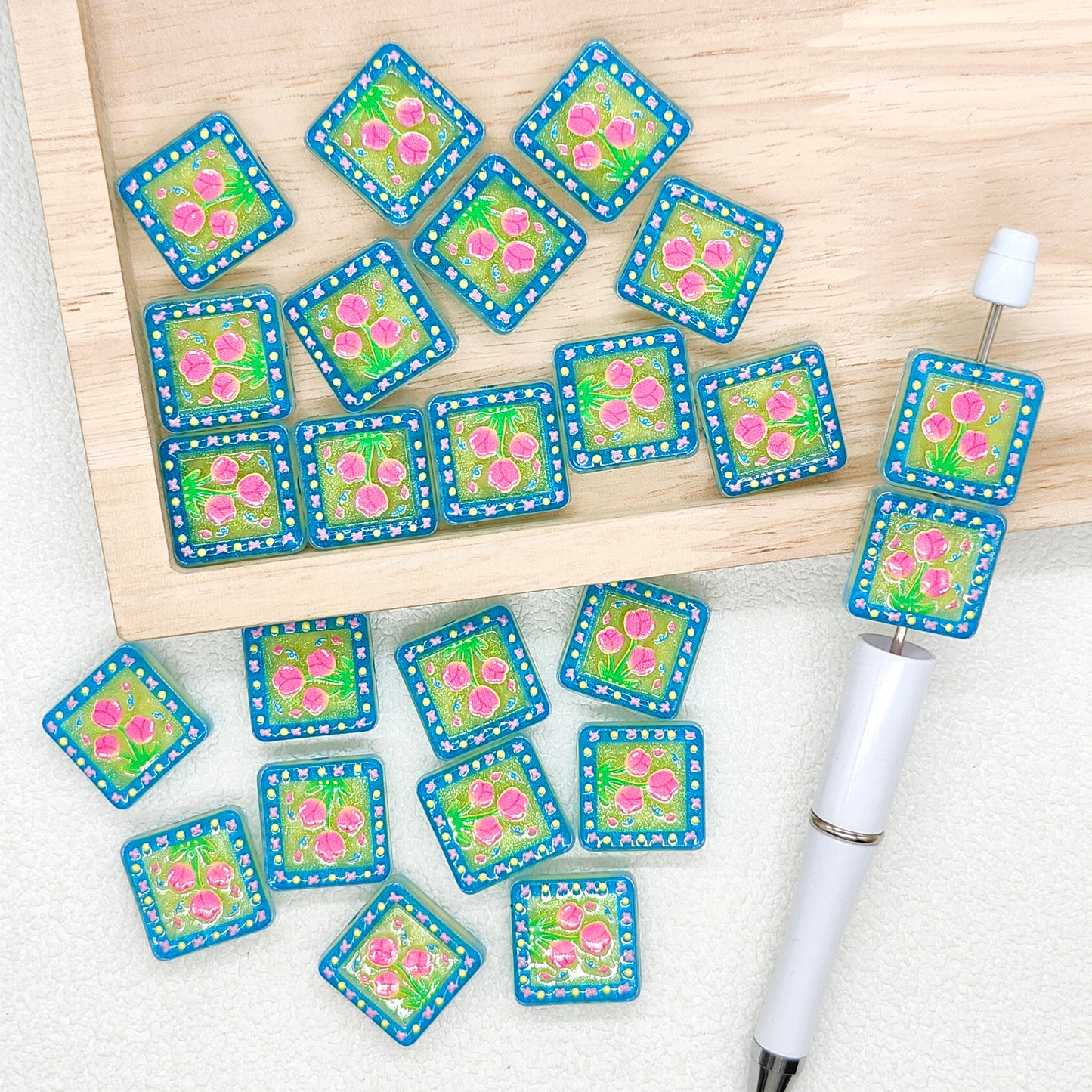 Tulip Flower Square Charm Beads, Floral Acrylic Loose Beads Bulk