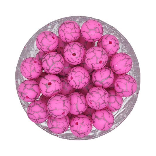 15mm Hot Pink Crack Print Round Silicone Beads