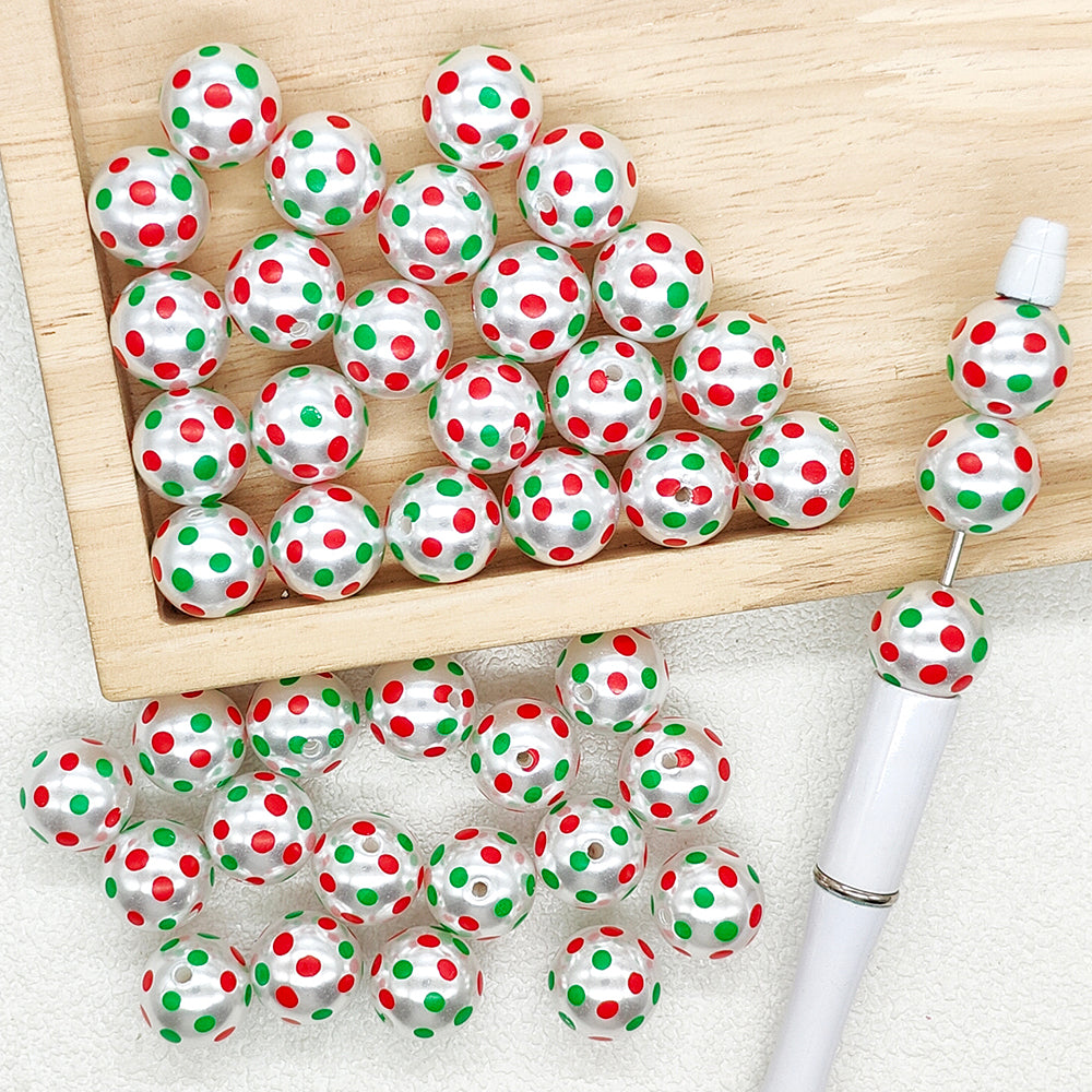 16mm Red Green Dot Faux Pearl Acrylic Christmas Gumball Beads