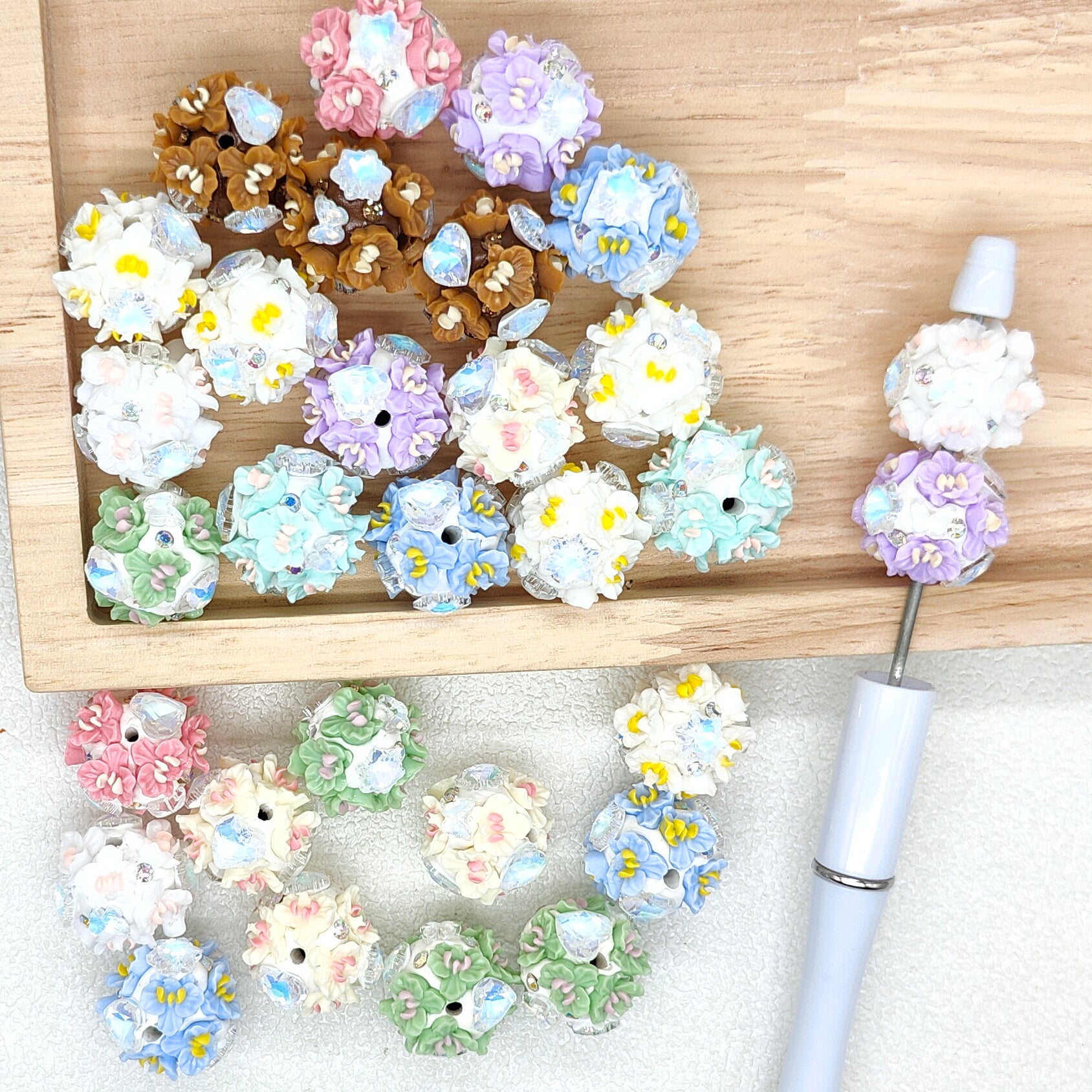 Fancy Flower Ball Beads,Floral Rhinestone Polymer Clay Beads