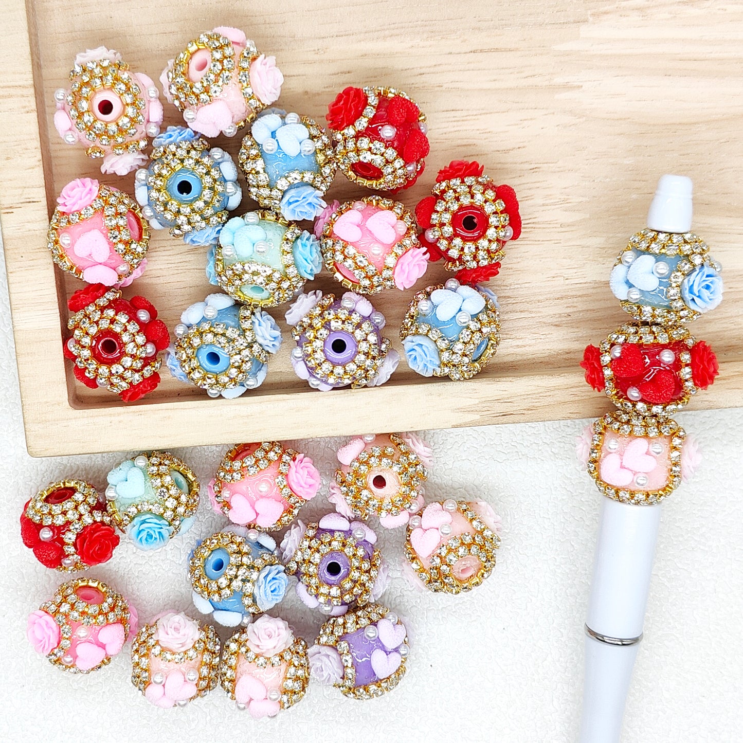 Fancy Rhinestone Rose Floral Ball,Flower Heart Acrylic Beads Mixed Color