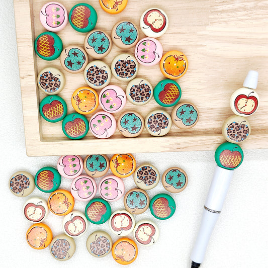 Flat Round Apple Print Resin Acrylic Beads For Beadable Pen Keyring Making