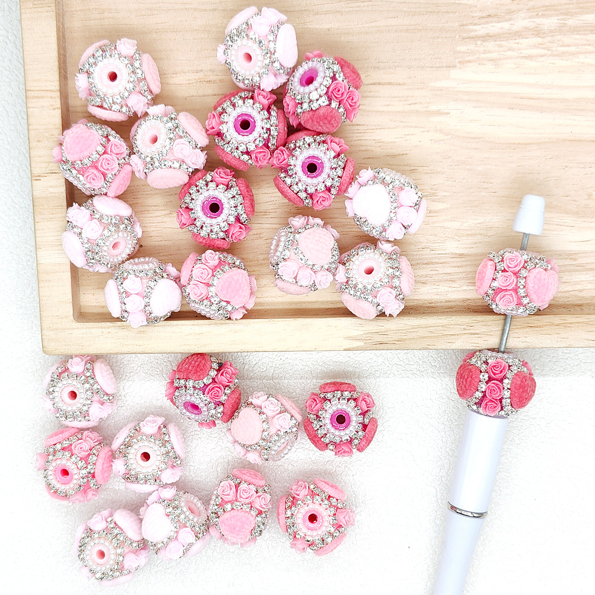 Flocked Heart Rose Flower Rhinestone Acrylic Fancy Beads