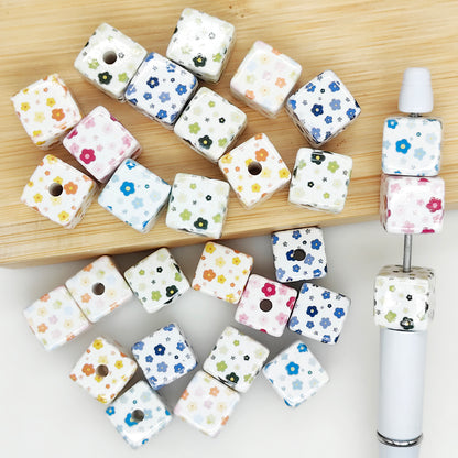 Floral Print Beads,14mm Square Acrylic Beads,Mix Random Color