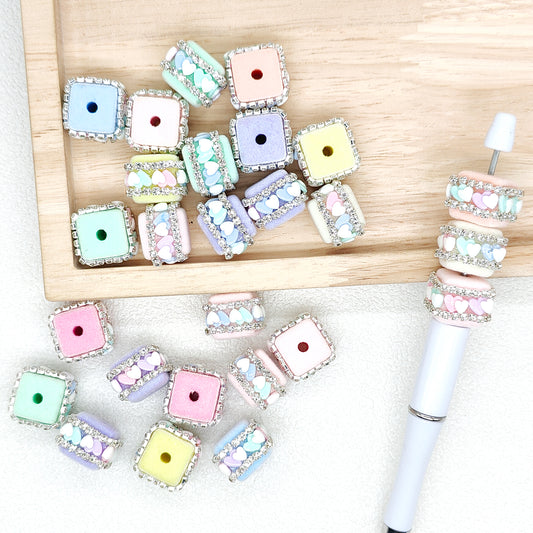 Heart Rhinestone Flocked Cube Facny Beads,Acrylic Square Beads