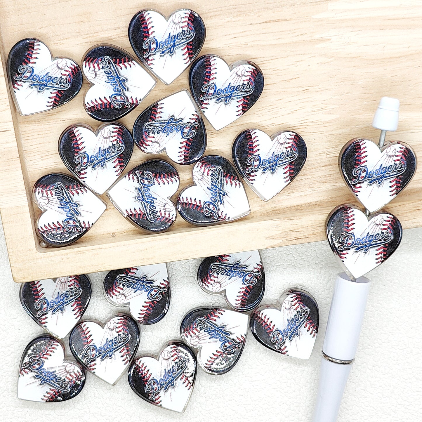 Heart Shaped Baseball Team Acrylic Focal Beads