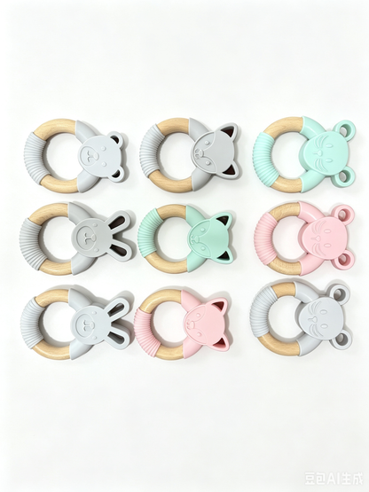 2Pcs/Lot Silicone Animal Teether Beech Wood Ring