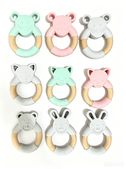 2Pcs/Lot Silicone Animal Teether Beech Wood Ring