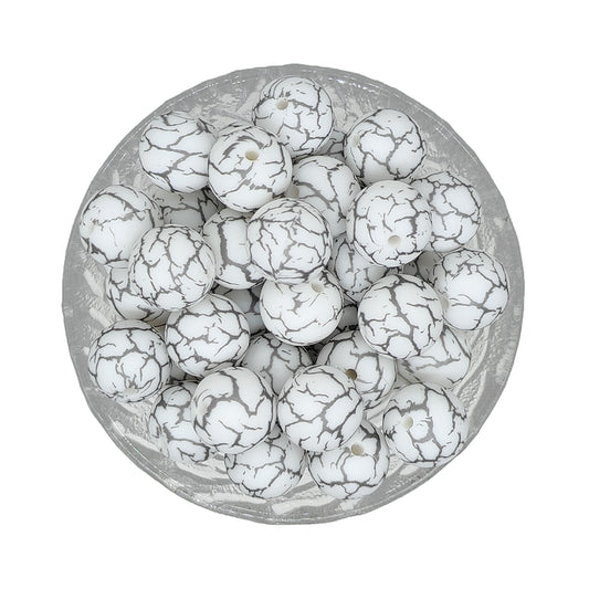 15mm Grey White Crack Print Round Silicone Beads