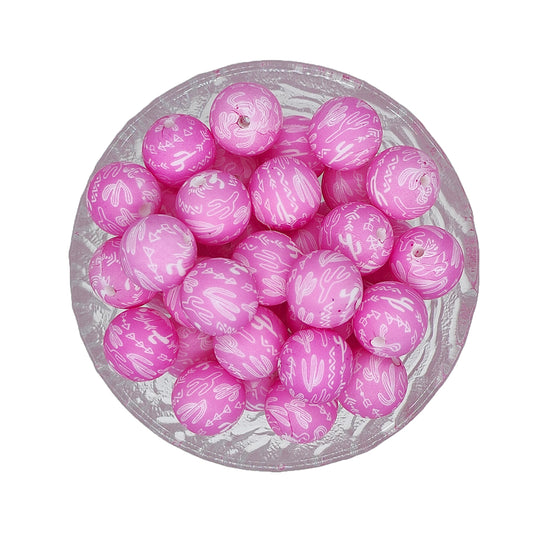 15mm Pink Cactus Print Round Silicone Beads