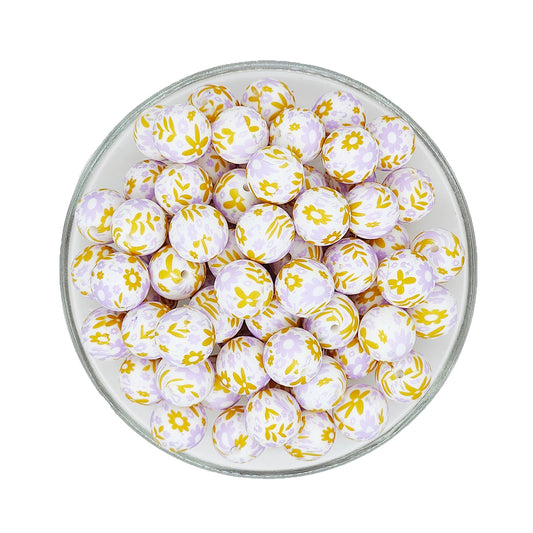 15mm Yellow Purple Floral Print Round Silicone Beads