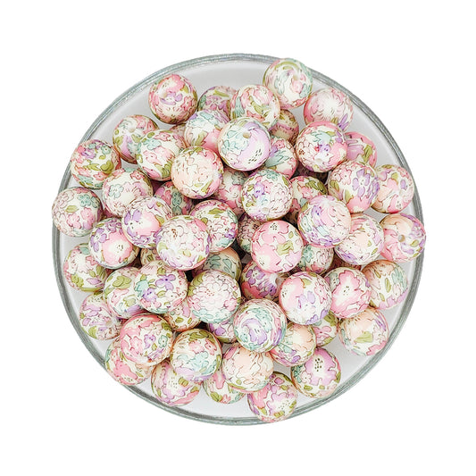 15mm Colored Pink Floral Print Round Silicone Beads