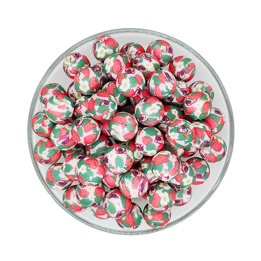 15mm Strawberry Print Round Silicone Beads