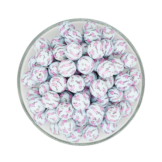 15mm Flamingo Print Round Silicone Beads
