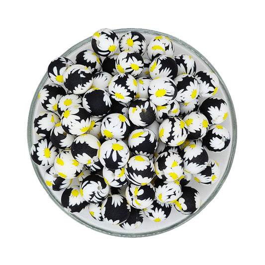15mm Black White Floral Print Round Silicone Beads