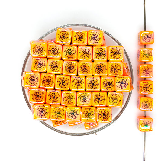 15mm Square Cube Spider Web Orange Bubblegum Acrylic Beads