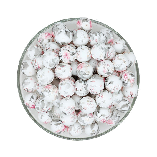 15mm Spring Rose Print Round Silicone Beads