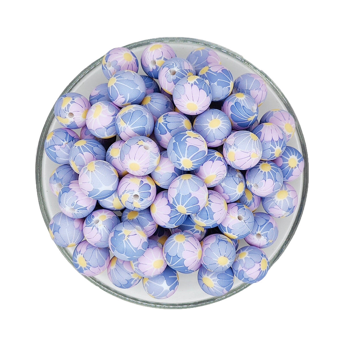 15mm Purple Floral Ball Print Round Silicone Beads