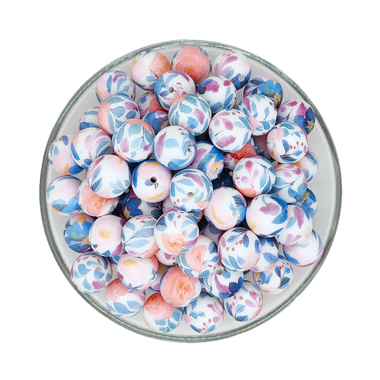 15mm Begonia Floral Print Round Silicone Beads
