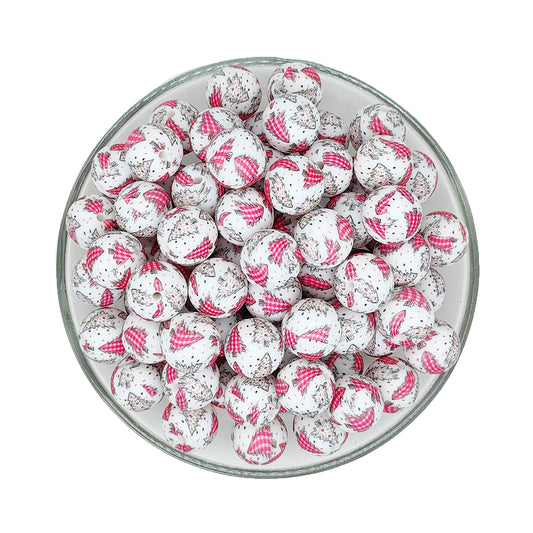 15mm Pink Christmas Tree Print Round Silicone Beads