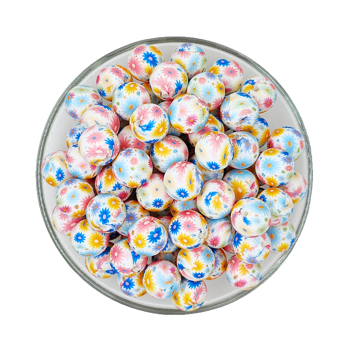 15mm Colored Daisy Print Round Silicone Beads