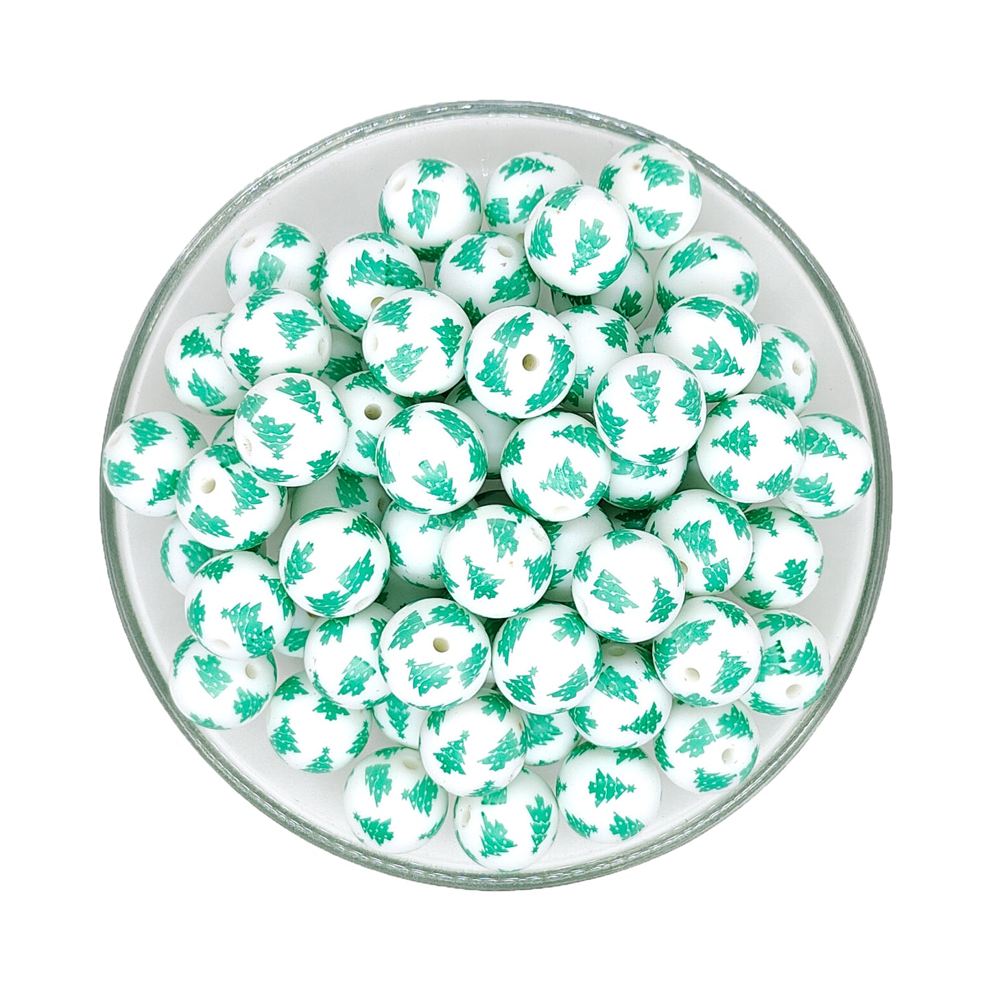 15mm Green Christmas Tree Print Round Silicone Beads