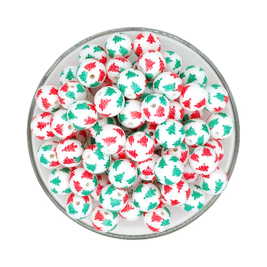 15mm Red Green Tree Print Round Silicone Beads