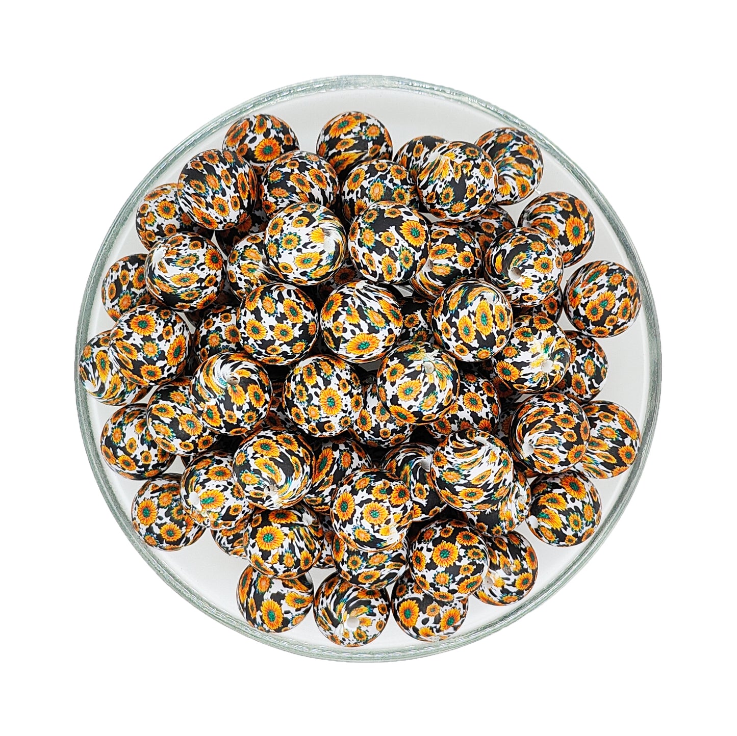 15mm Western Sunflower Print Round Silicone Beads