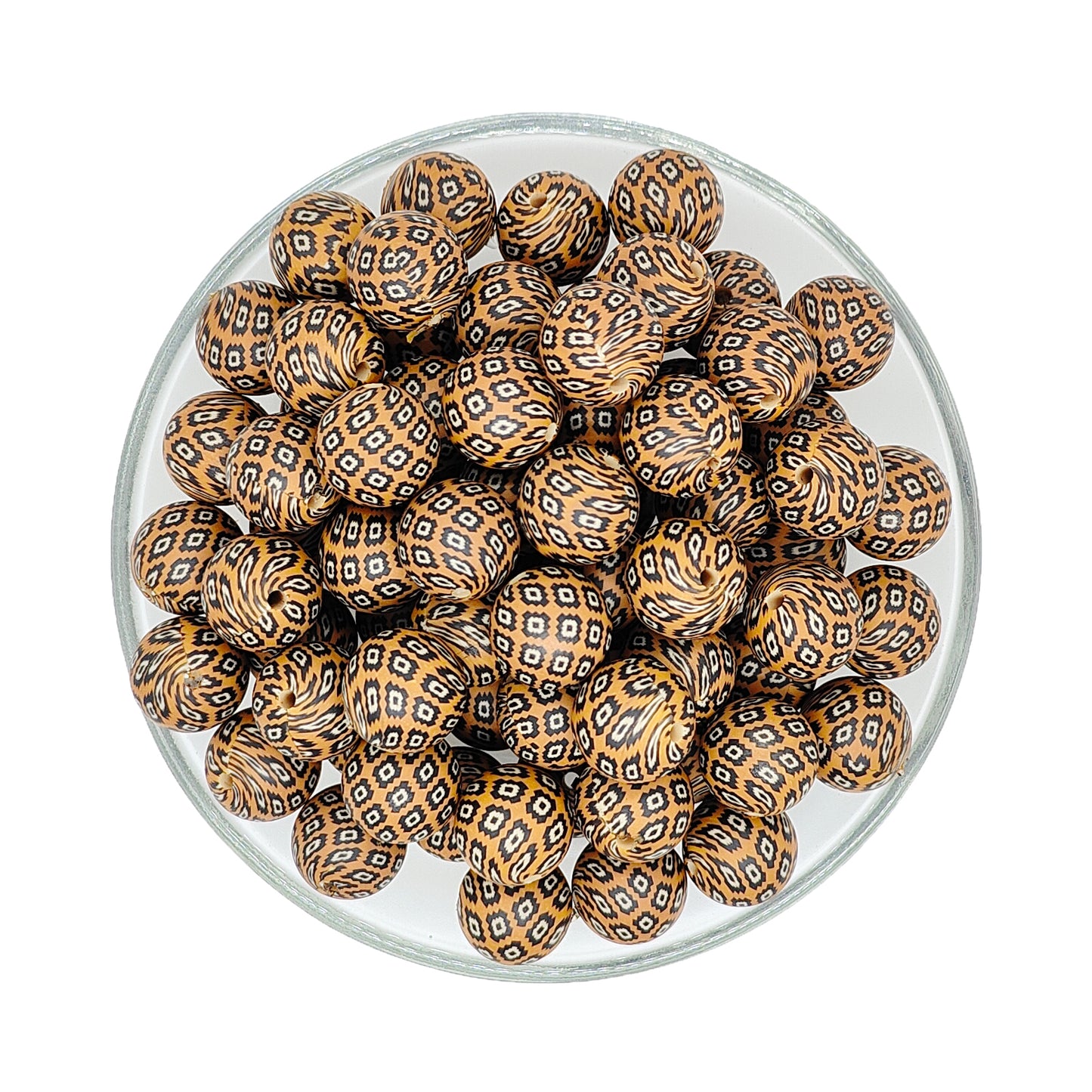 15mm Coffee Aztec Print Round Silicone Beads