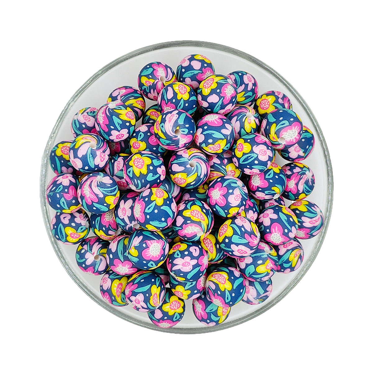 15mm Night Colored Flower Print Round Silicone Beads