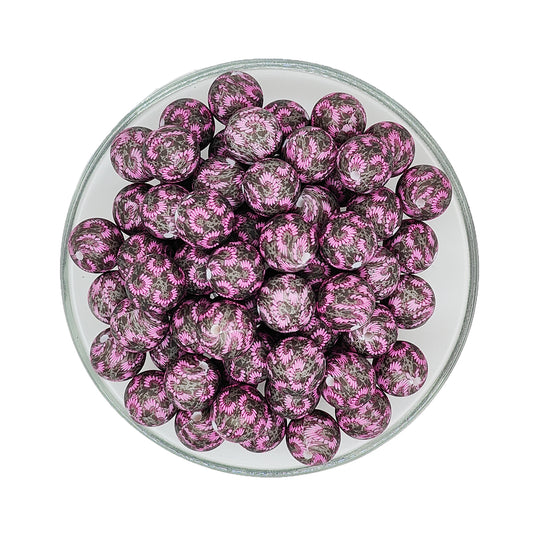 15mm Pink Daisy Print Round Silicone Beads