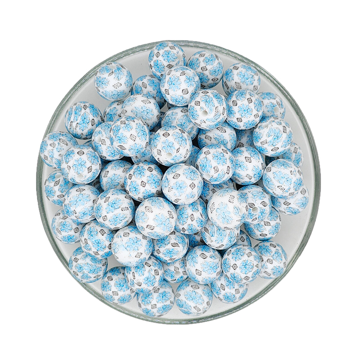 15mm Western Blue Flower Print Round Silicone Beads