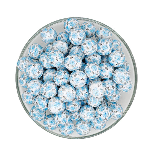 15mm Western Blue Flower Print Round Silicone Beads