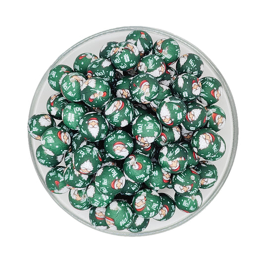 15mm Green Santa Print Round Silicone Beads