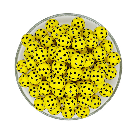 15mm Yellow Polka Dot Print Round Silicone Beads