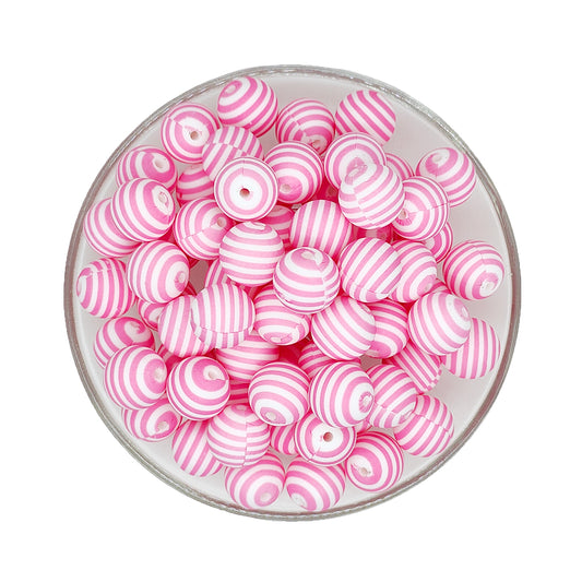 15mm Pink White Stripe Print Round Silicone Beads