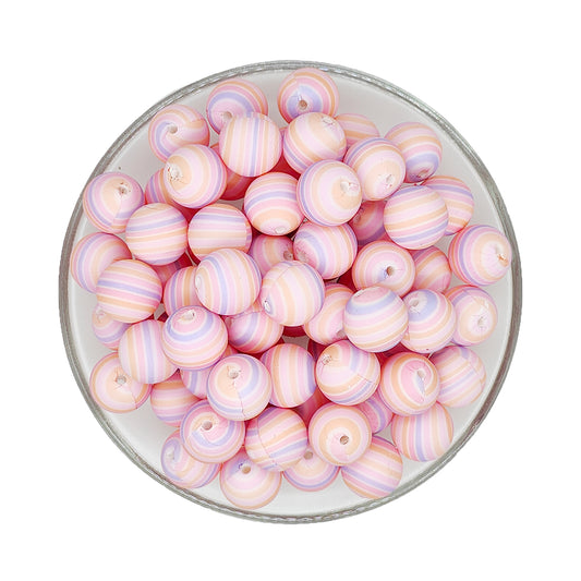 15mm Pastel Pink Stripe Print Round Silicone Beads