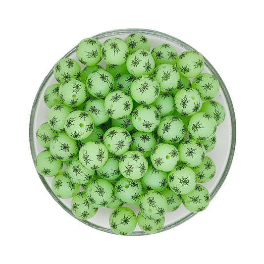 15mm Green Spider Web Print Round Silicone Beads