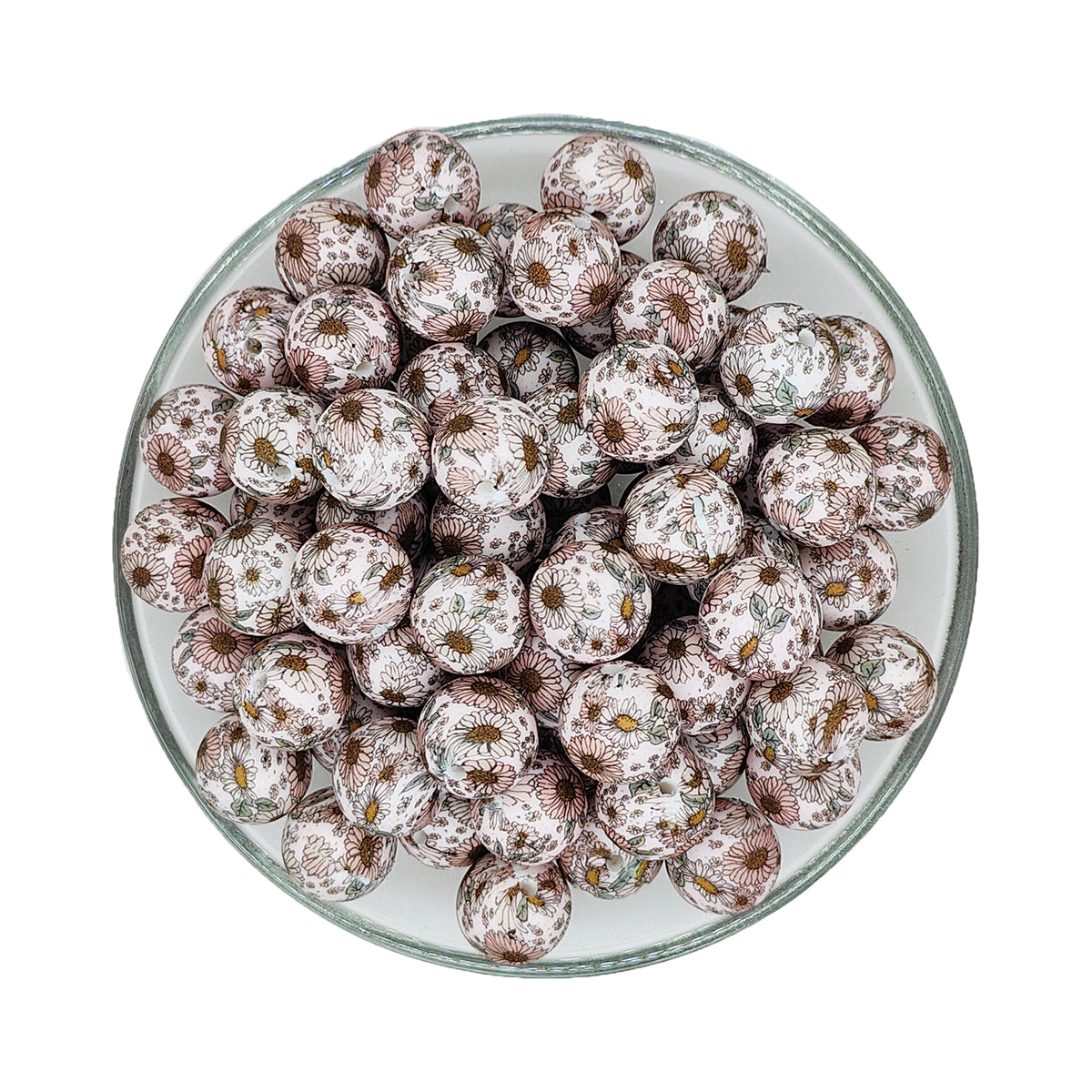 15mm Blush Daisy Flower Print Round Silicone Beads