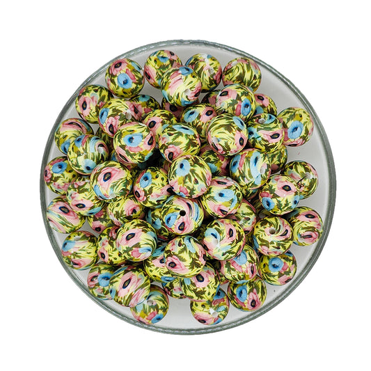 15mm Pink Blue Flower Print Round Silicone Beads