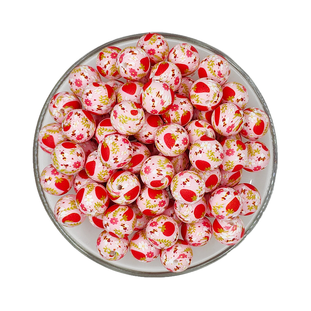 15mm Strawberry Flower Print Round Silicone Beads