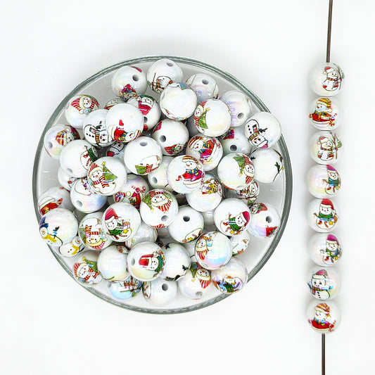 16mm Christmas Snowman Print Assorted Acrylic Gumball Beads